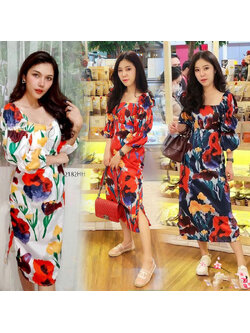 kudapy เดรสยาวสีขาว/สีแดง/สีกรม ผ้าพิมพ์ลายดอกไม้ ผ้าญี่ปุ่นเนื้อผ้าหนากำลังดีใส่เย็นสบาย ลื่นๆ