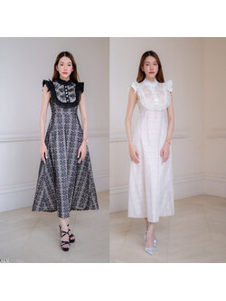 kudapy เดรสยาวสีขาว/สีดำ ลูกไม้กระโปรงบานยาว ลายดอกไม้เต็มชุด ซิมหลังใส่ออกงาน ใส่เที่ยวสวยดูดีมากๆ