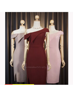 kudapy เดรสสั้นสีกรม/สีแดง/สีชมพู ทรงสอบ ใส่ได้ 2 แบบ พับบ่าดีไซส์อกแหลม