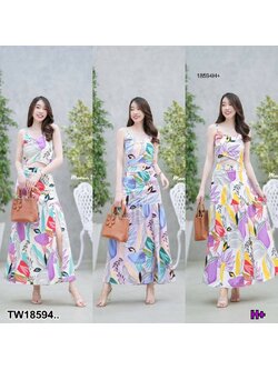 kudapy set 2 ชิ้น เที่ยวทะเล เสื้อสายเดี่ยวไขว้ด้านหน้าลายใบไม้ + กระโปรงยาว ลายใบไม้