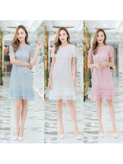 kudapy เดรสสั้นสีชมพู/สีฟ้า/สีขาว ลูกไม้ชายระบายซับน้ำตาล สวยดูดีใส่สบาย