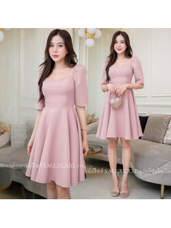 kudapy เดรสออกงานสีชมพู แขนสามส่วนกระโปรงทรงบาน ลุคสวยหวาน เรียบหรูดูดี สไตล์มินิมอล ใส่ออกงาน ชุดไปงานแต่งงาน