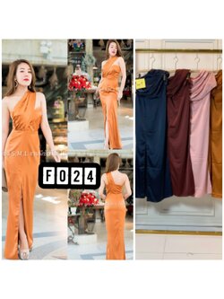 kudapy ชุดราตรียาวไหล่เฉียงพาดบ่า สีกรมท่า,ชมพู,ไวน์แดง,แดงเลือดหมู ผ้าเครปซาตินสีสวยตามแบบ