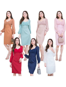 kudapy เดรสสั้นสีแดงไวน์/สีขาว/สีชมพู/สีโอวัลติน/สีน้ำตาลอิฐ/สีกรม/สีเขียวมิ้นท์ แขนยาวชีฟอง ผ้ามอสเครปหนา