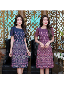 kudapy เดรสสั้นสีม่วง/สีกรม พิมพ์ลายไทย เนื้อผ้านิ่มใส่สบายไม่หนาไม่ร้อนไม่ระคายผิว ตัวนี้ดีไซน์คอเหลี่ยมสวยเก๋