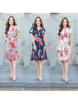 kudapy เดรสสั้นสีกรม/ครีม/ชมพู คอวีกระโปรงชีฟองสวยใส ใส่แล้วดูดีมากๆ