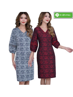 kudapy เดรสสั้นทรงเอลายกุหลาบดอกใหญ่ สีเทากรม สีดำแดง เดรสคอวี แขนสั้นสามส่วนทรงพองน่ารักสุดๆ