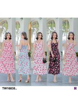 kudapy เดรสยาวไปทะเล ปรับสายได้ ผ้าไหมเกาหลี ลายดอกไม้ สวย หวาน ใส่ยางสม็อคเต็มหลังหลัง มีบลาฟองน้ำ