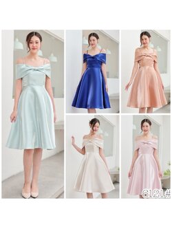 kudapy เดรสสั้นเปิดบ่า โบว์อก กระโปรงบาน เอวสูงความยาวปิดเข่า