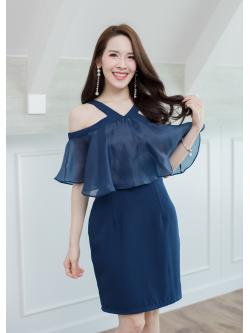 เดรสออกงานสั้นสีกรมท่า แต่งช่วงอกด้วยผ้าแก้วระบาย