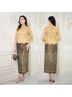 kudapy ชุดเซ็ทเสื้อลูกไม้สีทอง +ผ้าถุงผ้าไหมแพรวากาฬสินทร์สำเร็จรูปอัดกาวอย่างดี