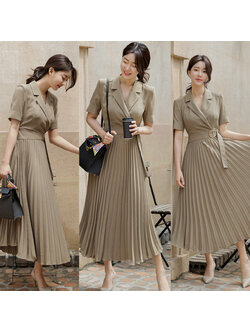 kudapy เดรสยาวคอปกสีกากี แขนสั้น แต่งเข็มขัดผ้า ต่อกระโปรงอีดพีตสีสวย งานนี้ผ้าไม่บางน้าา สวยมาก