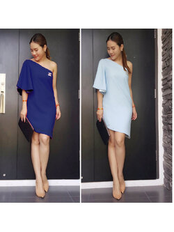 kudapy เดรสสั้นสีเทา/น้ำเงิน ออกงาน แบบเรียบหรู ปาดไหล่ ใส่ได้ทั้งงานเช้า งานเย็น