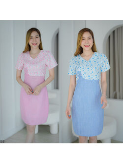 kudapy เดรสสั้นสีฟ้า/สีชมพู เสื้อลายดอกกระโปรงสีพื้น ใส่สบายสวยดูดี