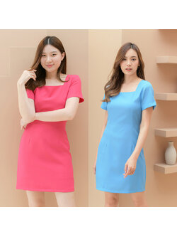 kudapy เดรสสั้นสีฟ้า/สีชมพูเข้ม คอเหลี่ยมแขนสั้น สีสันสดใส แพทเทิร์นจับเกล็ดเข้ารูป ทรงเบสิคใส่สวยเป๊ะปัง