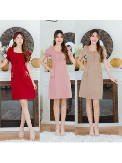 kudapy เดรสสั้นสีน้ำตาล/สีแดง/สีชมพู ผ้าพื้นกระเป๋ากวาง ใส่สบายสวยดูดี
