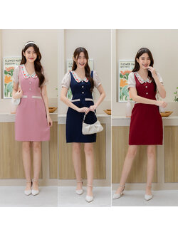 kudapy เดรสสั้นสีชมพู/สีแดง/สีกรม คอปกแขนตุ๊กตาแต่งกระดุม 3 ชิ้น