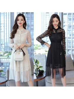 kudapy ชุดเดรสสั้น ผ้าลูกไม้สีดำ/สีครีม เดรสคอจีน แขนยาวผ้าลูกไม้นิ่มทิ้งตัวทรงสวยตามแบบ