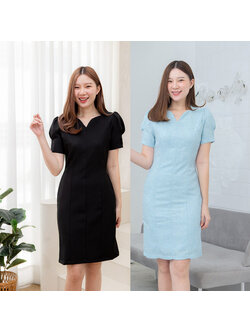 kudapy เดรสสั้นสีฟ้า/สีดำ/สีเขียว/สีชมพู เย็บตัดต่อทั้งตัว คอหยักทรงวี แขนทรงตุ้กตา