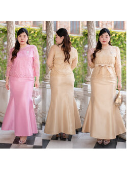 kudapy ชุดเซ็ทเสื้อ+กระโปรงทรงหางปลา งานผ้าไหมญี่ปุ่นเนื้อผ้ามันเงา อัดเรียบร้อย ตัวเสื้อตกแต่งปักลูกไม้ เกรดพรีเมี่ยมไม่แข็ง