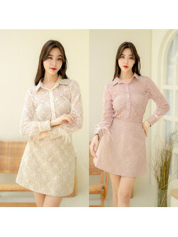 kudapy ชุดเช็ทเสื้อ+กระโปรงสีชมพู/สีครีม ผ้าระบายตัดต่อขนนกสุดฟรุ้งฟริ้ง ประกบคู่กับประโปรงอย่างลงตัว ใส่ไปเที่ยวเก๋ๆ