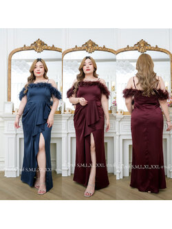 kudapy ชุดราตรียาวสีกรม/สีแดงเลือดหมู สาวอวบปาดไหล่แต่งขนนก ใส่สบายสวยดูดี