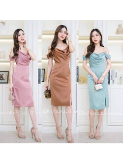 kudapy เดรสสั้นสีชมพู/สีเขียวมิ้น/สีน้ำตาลอิฐ ชุดราตรีสั้นคอถ่วงปิดต้นแขนผ้าเครปซาติน