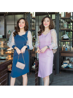 kudapy เดรสสั้นสีชมพุ/สีฟ้า แต่งมุกแขนชีฟอง สวยใส่สบายดูดี