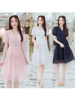 kudapy เดรสสั้นสีชมพู,ขาว,กรม เกาหลีแต่งลูกไม้สวยดูดี