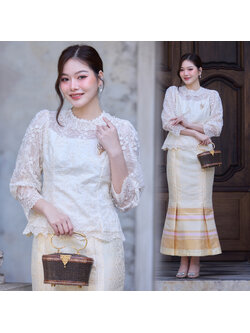 kudapy ชุดเซตผ้าไทย ชุดไทย เสื้อลูกไม้ใยบวบฝรั่งเศษ (สีขาวนวล) ผ้าถุง ผ้าไหมแพรวา ทอลายกาฬสินธุ์