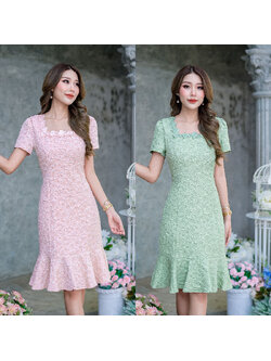 kudapy เดรสสั้นสีโอรส/สีเขียวพาสเทล ลายดอกไม้เนื้อนิ่ม ดีไซน์แขนสั้นชายระบาย ทรงสวยยอดฮิต