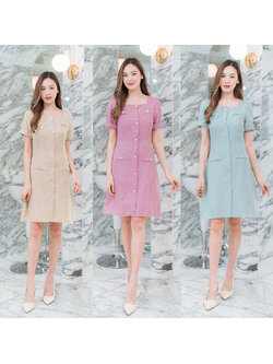 kudapy เดรสสั้นคอลึกสีน้ำตาล/สีชมพู/สีเขียว ทำงานทรงเอคอเหลี่ยมมีกระดุมกลางอก