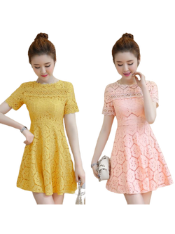 kudapy เดรสสั้นไปงานผ้าลูกไม้สีเหลือง /สีชมพูโอรส เดรสคอกลมแขนสั้น ลายลูกไม้สวยมากๆค่ะ