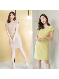 kudapy ชุดเดรสคอปาดสีเขียวเลมอน/สีเบจ แขนในตัว ทรงเรียบ คลาสสิก ไม่มีเกล็ด รีดง่ายใส่สบาย ซับในทั้งตัว