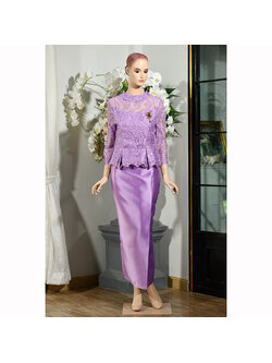 kudapy ชุดเซทผ้าไหมอิตาลีสีม่วง คอกลม เอวดีด แต่งเอวแต่งจีบ งานเย็บประณีต มีซับใน