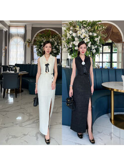 kudapy เซ็ทเสื้อแขนกุดเข้ารูปแต่งกระดุมจริงด้านหน้า 3 เม็ด กระโปรงยาวใช่ผ้าเดียวกับเสื้อ ผ่าด้านหน้า แต่งกระดุมหลอกด้านหน้า ซิปหลัง มีซับในอย่างดี