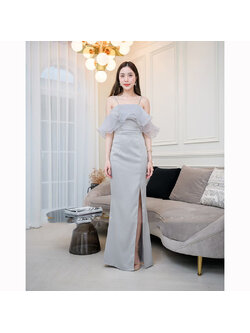 kudapy เดรสยาวสีเทา ชุดราตรีปาดไหล่ระบาย สวยฟรุ้งฟริ้ง งานมีซับใน ซิปหลัง