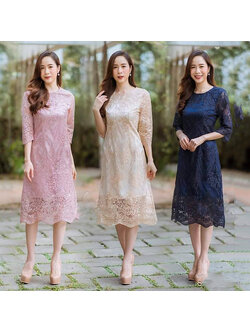 kudapy ชุดเดรสไปงาน แขนยาวสามส่วนสีชมพู/ครีมทอง/กรมท่า เดรสปักเลื่อมกากเพชร งานซับใน ซิบหลัง