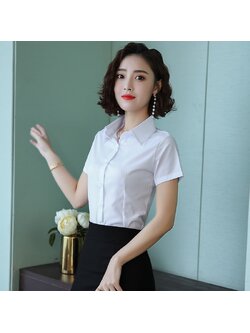 kudapy เสื้อเชิ้ตทำงานสีขาวคอปก แขนสั้น