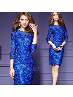 kudapy เดรสสั้นสีน้ำเงิน ลูกไม้ แขนสามส่วน ไหล่ผ้าชีฟอง ผ้าลูกไม้ปักลายดอกไม้สวยมากค่ะ