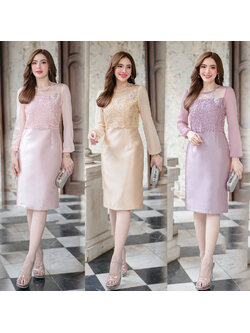 kudapy เดรสสั้น ผ้าไหมอิตาลี งานทอสี่เส้น งานหรูหรา ตัวเสื้อมีชิปหลัง ชับใน ด้านหน้าตกแต่งลูกไม้เวนิส