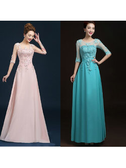 kudapy ชุดราตรียาวสีชมพู/ฟ้า แขนยาว แบบเรียบหรู แต่งลูกไม้เซาะดอก ปักลูกปัดมุก