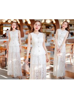 kudapy เซตเสื้อลูกไม้คอกลมแขนกุดสีขาว+กางเกงขายาวทรงกระบอกผ้าลูกไม้