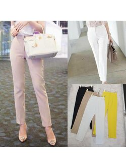 kudapy กางเกงขากระบอกเล็กเดปเอวสูงขา8ส่วน สีขาว สีดำ สีครีมเบจ สีเหลืองเลมอน เนื้อผ้าคอตตอนผสมสเปนใส่สบายค่ะ