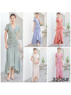 kudapy ชดเดรสราตรีออกงาน ทรงวี แขนกระดิ่งระบาย เอวสูง กระโปรงเจ้ารูปหางปลา จับเดรป พรางพุงหมาน้อย