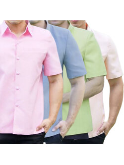 kudapy เสื้อผ้าไหมคอปกสีชมพูอ่อน ,เขียวอ่อน ,โอรส ,สีเทา เสื้อผ้าไทยผู้ชาย คอเชิ้ต ผ่าหน้า แขนสั้น มีกระเป๋าด้านซ้ายบน (อัดผ้ากาว มีฟองน้ำเสริมไหล่)