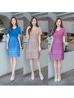 kudapy เดรสสั้นน้ำตาล/สีชมพู/สีฟ้า กระโปรงผ้าไทยท่อนบนสีพื้นแต่งกระดุม
