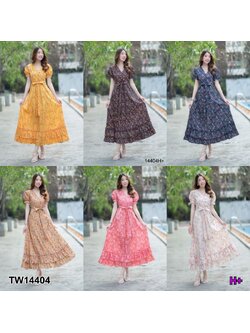 kudapy เดรสยาวสีดำ/สีน้ำตาล/สีเหลือง แขนตุ๊กตา คอวี ผูกโบว์เอว ชายเดรส2ชั้นแต่งระบายๆ