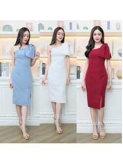 kudapy เดรสสั้นสีขาว/สีฟ้า/สีแดง สวยออกงานทรงไหล่เบี่ยงแต่งโบว์น่ารักปนเซ็กซี่ มีซับในซิปหลัง