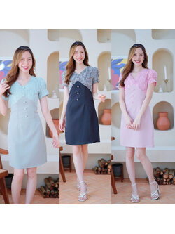 kudapy เดรสสั้นสีเขียว/สีชมพู/สีดำ สก๊อตคอวีแต่งกระดุม